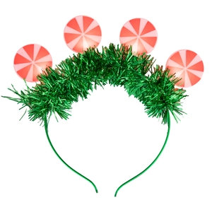 Christmas headband with green tinsel and 4 LED candy discs for festive holiday party decor