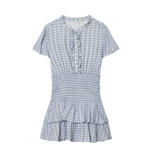 Plaid Gingham Mini Dress Short Sleeve Ruffle Smocked Waist Tiered Hem Sweet Fashion For Women
