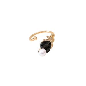 Adjustable 18k gold plated ring with black leaf, zircon feather, and white pearl