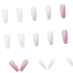 Long ballerina coffin press-on nails set with solid pink, white and silver glitter finish