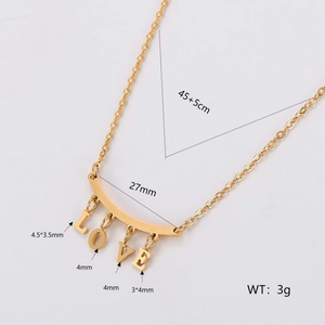 18K gold plated LOVE letter pendant necklace with 45cm chain and size measurements