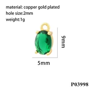 Detail showing a 9mm x 5mm green oval zircon pendant in gold-plated copper material