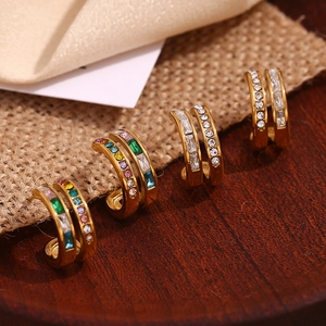 Set of four 18K gold plated double-layer C-shaped hoop earrings with colorful zircon gems