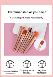 Detail of 8-piece pink makeup brush set with orange synthetic bristles and champagne gold tubes