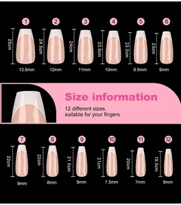 Detailed size chart showing 12 different dimensions for ballet style press-on nails
