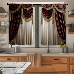 Detail of 3D digital print kitchen curtain with burgundy gradient and golden tassels