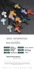 Macro shot of 20x30mm natural stone cross pendant necklace with various gemstone textures