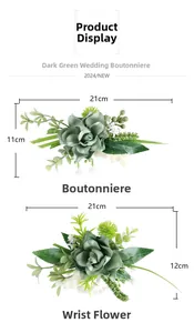 Detailed view showing the dimensions of forest green artificial corsage and wrist flower set