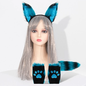 Ensemble cosplay renard bleu avec serre-tête oreilles, queue et gants pattes pour Halloween