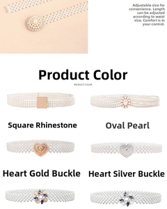Detailed view of elastic pearl waist chains featuring various elegant buckle designs