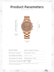 Tableau des tailles pour montre Geneva en métal avec mouvement à quartz et cadran de 35mm