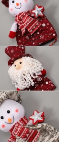 Detail of Christmas gift bags featuring plush Santa and Snowman designs in red and white