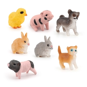 Miniature farm animal figurines set including realistic pig, dog, cat and rabbit models
