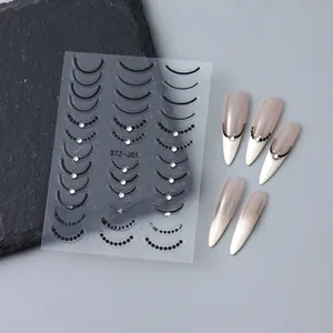 Détail des stickers ongles 5D STZ-J01 avec lignes noires françaises et strass brillants