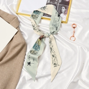French Retro Bow Skinny Long Scarf Satiny Polyester Hair Ribbon For Ponytail Bag Handle Elegant Print Neck Wrap Women