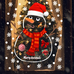 Detailed view of Christmas window stickers with snowman, reindeer and snowflake elements