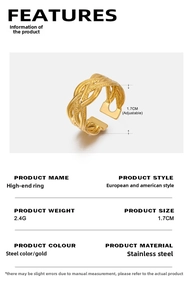 Détail de la bague tressée en acier inoxydable doré 18k avec dimensions et poids du produit