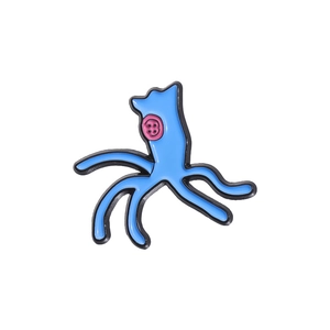 Cartoon enamel pin with sky blue finish and unique pink button eye detail on white background