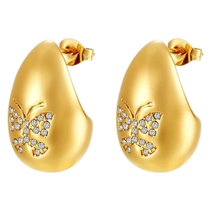 Boucles d'oreilles goutte en acier doré avec motif papillon serti de cristaux