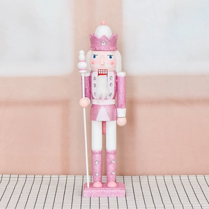 Pink Nutcracker King Ornament Wooden Sparkly Glitter Rhinestone Christmas Decoration Scepter Design Soldier Figure