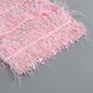 Detail of pink sequins and ostrich feathers on a formal dress fabric with mesh layers