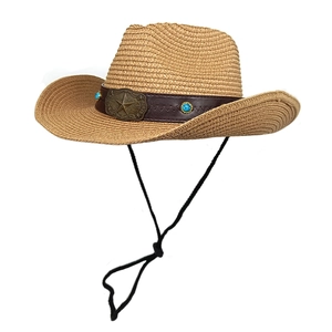 Chapeau De Paille De Cowboy Western Avec Bande En Similicuir Étoile En Métal Perles Turquoise Protection Solaire Extérieur Corde À Vent Réglable Hommes Femmes