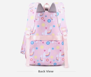 Pink school backpack back view showing ergonomic breathable mesh and luggage strap