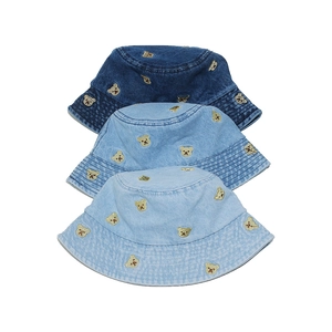 Three shades of denim bucket hats for kids and adults with cute bear embroidery