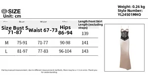 Size guide for slim fit lace evening maxi dress showing detailed CM measurements and weight