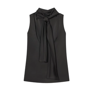 Elegant black sleeveless satin top with stylish pussy-bow neckline detail on white background