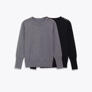 Women Knit Sweater Crew Neck Long Sleeve Pullover With Gold Buttons Shoulder Decor Casual Slim Fit Fashionable Top