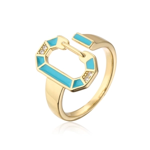 Detail of 18K gold plated copper ring with light blue enamel and sparkling zircon stones