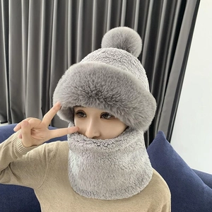 Winter light gray plush hooded scarf and hat set with pom-pom for extra warmth