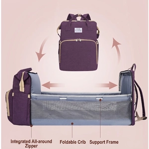 Multifunctional 2-in-1 diaper backpack and portable baby bed in durable purple fabric