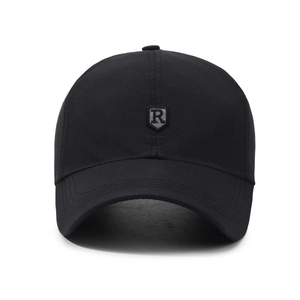 Men's lightweight black baseball cap with grey R letter embroidery and curved brim