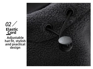 Detail of adjustable drawstring with plastic buckle on a black fleece jacket hood