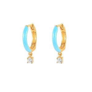 Elegant gold-plated blue enamel earrings featuring a sparkling white zircon pendant