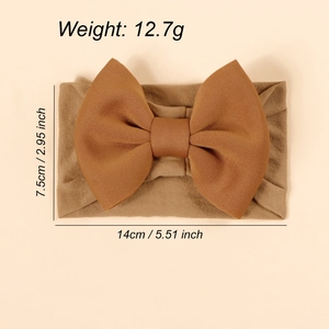 Caramel brown baby nylon headband with large soft bow and detailed size measurements