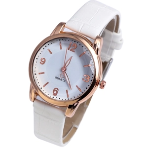 Elegant rose gold quartz watch with white dial and textured white leather strap for women