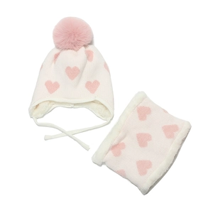 Pink and white heart pattern knit hat and neck warmer set with warm fleece lining