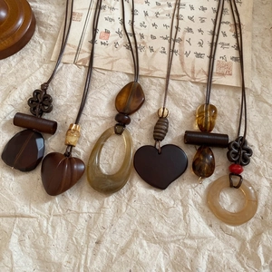 Vintage resin and wood long pendant necklaces with ethnic style and diverse geometric shapes