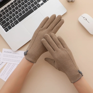 Women's warm thermal touchscreen gloves in khaki suede with houndstooth bow detail