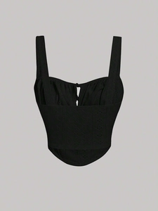 Μαύρο crop top με κέντημα eyelet, τετράγωνη λαιμόκοψη και διάτρητη υφή ύφανσης
