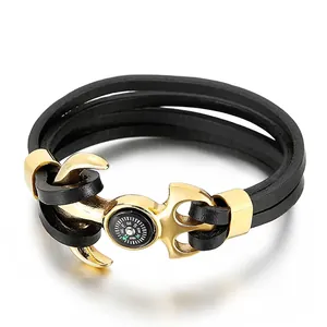 Men Multi Layer Leather Bracelet Stainless Steel Anchor Axe Compass Wing Nautical Viking Punk Jewelry Accessory