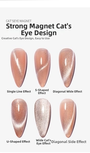 Detailed view of six different cat eye nail magnet effects on nude pink gel polish
