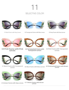 Matrix display of eleven stylish cat-eye sunglasses featuring rhinestone leaf temple accents