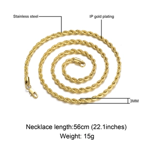 Macro view of 3mm gold-plated stainless steel rope chain showing twist texture and specs