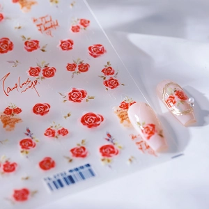 3D hand-painted red rose nail stickers with artistic letters on a clear film