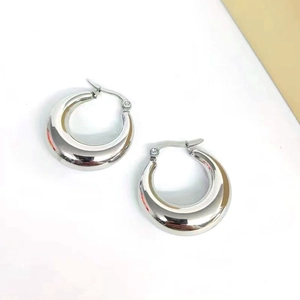 Polished silver stainless steel thick hoop earrings with moon crescent curved design