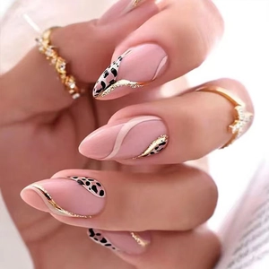 Leopard Print Press On Nails Plastic Almond Shape Gold Glitter Line Nude Pink French Style Artificial Fingernails Women